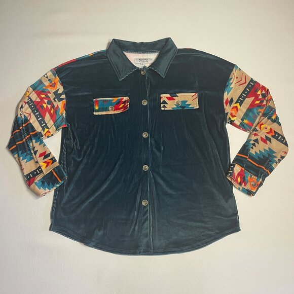 Rowdy Crowd Clothing Women Top 3X Button Up Southwest Aztec Cowboy Velour Velvet - Picture 8 of 16